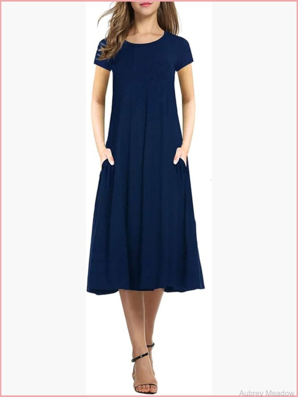 Casual Loose Plain Pleated Long Dress Short Sleeve Midi A-Line Flowey